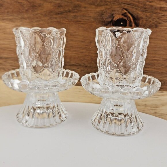2 Partylite Quilted Votive Candle Holders set crystal  tealight romantic glass r - Picture 3 of 11